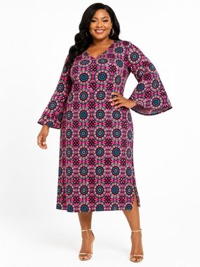 ASHRO Geometric Medallion Bell Sleeve Shift Dress Pink Blue Kaleidoscope 20W